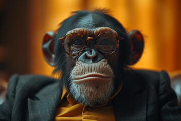 A scholarly primate stands out in an indoor setting as a stylish and intelligent mammal, donning a pair of glasses that adds to its monkey-like charm