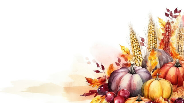 Thanksgiving or autumn harvest illustration in watercolor painting style on white background, copy space