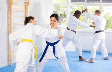Fototapeta na wymiar Adult women and young woman karatekas train karate in group in studio