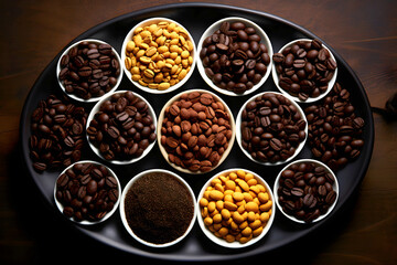 comparative set of types of coffee beans of different varieties. view from above