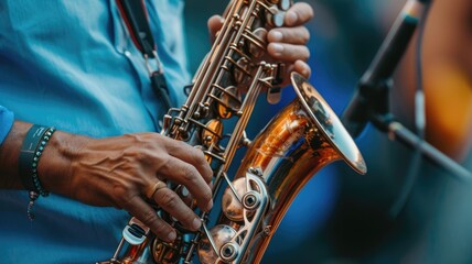 Fototapeta premium a saxophonist musician playing the saxophone, showcasing the intricate details of the instrument and the intensity of the performance against the backdrop of the fest's atmosphere.