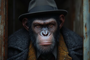 A dapper monkey dons a sophisticated hat and coat, staring confidently with a human-like face, complete with wrinkles, a beard, and a moustache, exuding a charming and stylish persona in this indoor 
