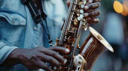 Obraz premium a saxophonist musician playing the saxophone, showcasing the intricate details of the instrument and the intensity of the performance against the backdrop of the fest's atmosphere.