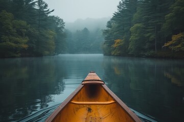 A tranquil fog hovers over the serene lake as a lone canoe glides through the mist, surrounded by towering trees and majestic mountains, offering a peaceful journey through the heart of nature - obrazy, fototapety, plakaty