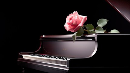 a beautiful pink rose delicately placed atop piano keys, interspersed with musical notes, creating...