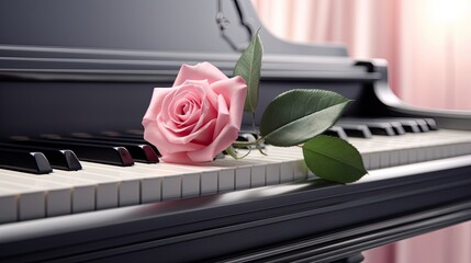 a beautiful pink rose delicately placed atop piano keys, interspersed with musical notes, creating a harmonious blend of floral elegance and melodic expression.