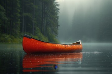 Amidst a serene lake shrouded in fog, a vibrant red canoe glides through the mist, serving as a tranquil mode of transportation surrounded by nature's picturesque landscape