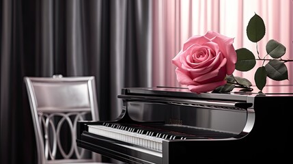 a beautiful pink rose delicately placed atop piano keys, interspersed with musical notes, creating...