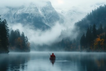 As the fog slowly dissipates on the calm lake, a lone figure in a boat admires the serene autumn landscape with misty mountains and a reflective forest, embracing the tranquil morning atmosphere - obrazy, fototapety, plakaty