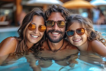 A joyful group of friends, wearing swimsuits and sunglasses, smiles and laughs while splashing in the crystal clear water of a luxurious outdoor swimming pool during their fun-filled vacation