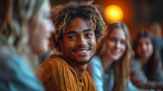 Black guy enjoys friendship, people unite in support group, forming a circle of strength