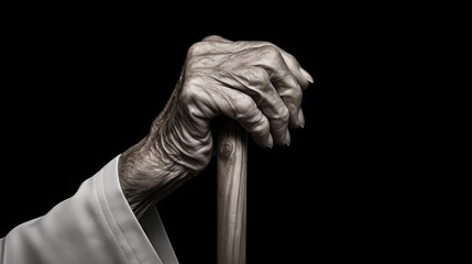 the hand of an older female patient holding a walking stick in a geriatric center or nursing home, conveying the challenges and care involved in managing this condition.