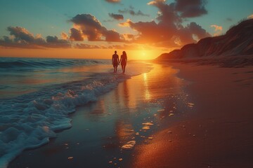 Amidst the vastness of the ocean, two figures strolled along the shore, their silhouettes illuminated by the vibrant hues of the sunrise, as waves crashed against the sandy ground