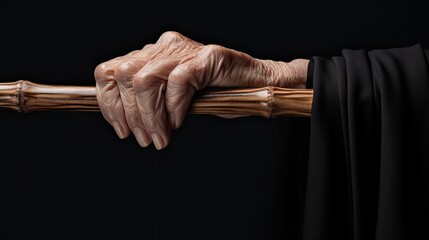 the hand of an older female patient holding a walking stick in a geriatric center or nursing home, conveying the challenges and care involved in managing this condition.