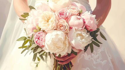 a bridal bouquet crafted from pink roses and white peonies, showcasing the delicate beauty and timeless charm of these floral arrangements in the context of a wedding celebration.