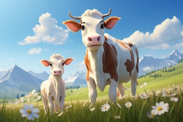3d cartoon cute cow with calf grazing on mountain flower meadow