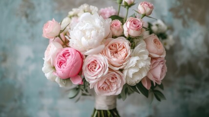 a bridal bouquet crafted from pink roses and white peonies, showcasing the delicate beauty and timeless charm of these floral arrangements in the context of a wedding celebration.
