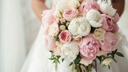 a bridal bouquet crafted from pink roses and white peonies, showcasing the delicate beauty and timeless charm of these floral arrangements in the context of a wedding celebration.