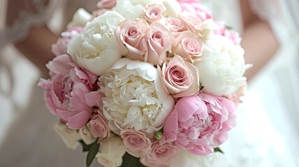 a bridal bouquet crafted from pink roses and white peonies, showcasing the delicate beauty and timeless charm of these floral arrangements in the context of a wedding celebration. - obrazy, fototapety, plakaty