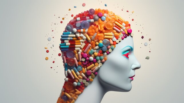 a detailed brain model surrounded by pills, set against a plain background, symbolizing the complex interplay between medication and brain diseases such as Alzheimer's, Parkinson's, dementia, stroke.