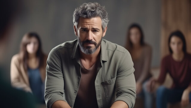 Group therapy for recovery with man bravely sharing his challenges