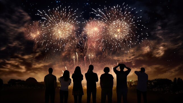 Silhouette Of Group Of People Watching Fireworks At Holiday Celebration, Crowd Looking Up At Fire Works At Night