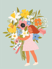 Cute Cartoon Girl holding Bouquet of Flowers