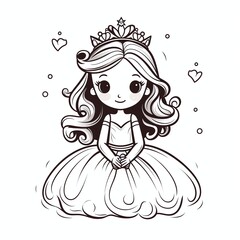 beautiful cute little princess girl. Vector illustration. Continuous line art in elegant style for prints, tattoos, posters, textile, cards etc. Vector illustration in white background
