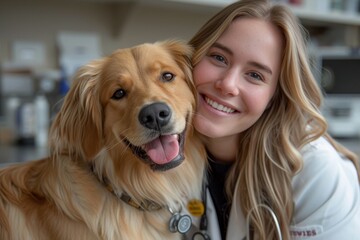 A joyful woman and her loyal golden retriever share a heartwarming moment of love and companionship, captured in a candid indoor photo