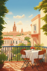 2D flat illustration of a European city 