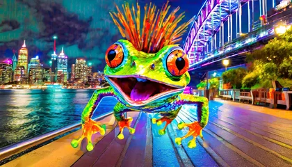 Foto auf Acrylglas colourful big eye frog with punk hair and cool sun glasses cartoon looking jumping on footpath © Elias Bitar