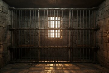 An unfilled detention cell featuring metallic bars and a window. A digitally-rendered 3D representation of a medieval underground chamber. Generative AI - obrazy, fototapety, plakaty
