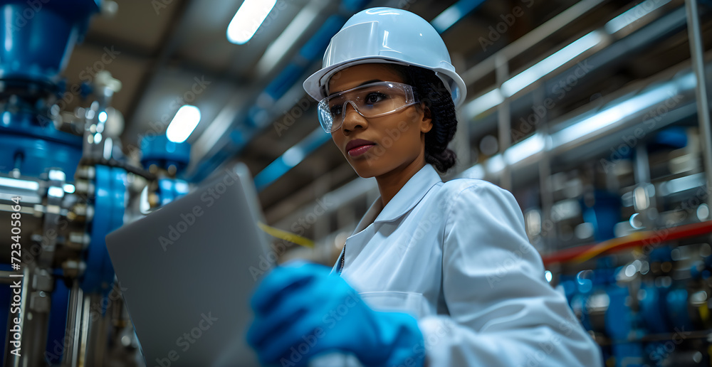 Poster factory latin worker at a modern factory using a laptop computer