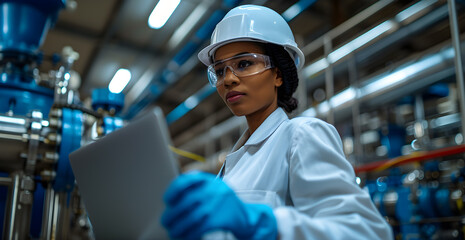 Factory latin worker at a modern factory using a laptop computer