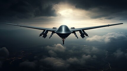 military drones, an unmanned drone soaring above the clouds, symbolizing advanced reconnaissance capabilities and the use of cutting-edge technology in modern warfare.