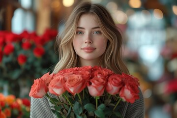 A radiant woman stands among nature's beauty, holding a vibrant bouquet of freshly cut roses in her delicate hands, showcasing the artistry and passion of floristry