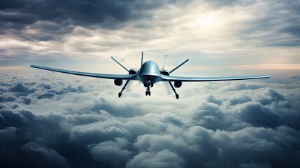 military drones, an unmanned drone soaring above the clouds, symbolizing advanced reconnaissance capabilities and the use of cutting-edge technology in modern warfare. - obrazy, fototapety, plakaty