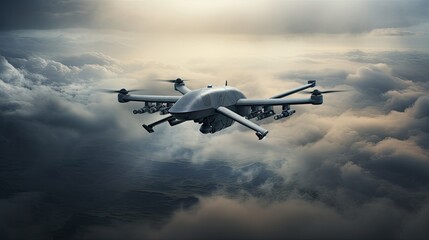 Fototapeta na wymiar military drones, an unmanned drone soaring above the clouds, symbolizing advanced reconnaissance capabilities and the use of cutting-edge technology in modern warfare.
