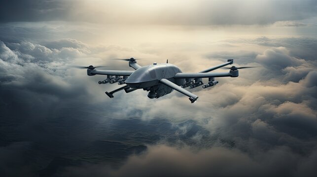 military drones, an unmanned drone soaring above the clouds, symbolizing advanced reconnaissance capabilities and the use of cutting-edge technology in modern warfare.