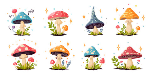 Collection of fairy magic fantasy mushrooms with grass and twigs in magic forest. Set of vector fungi and fantastic toadstools isolated on white background. For web, video games, design printing.