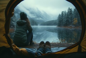 A woman sits in her tent, gazing out the window at the tranquil lake, its mirrored surface reflecting the rugged mountains in the crisp winter air