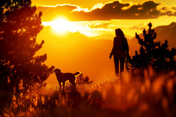 Silhouette of a woman walking with her adorable dog in the mountains of a National Park at sunset. orange and black