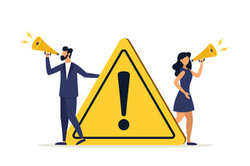Business people announce on megaphone with attention exclamation signImportant announcement, breaking news or urgent message communication, alert and beware concept. - obrazy, fototapety, plakaty