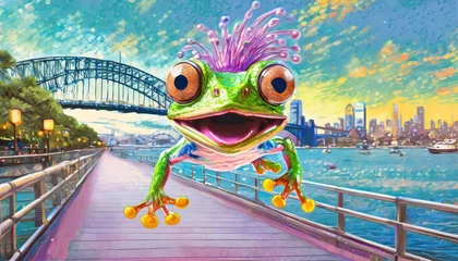 Foto op Canvas colourful big eye frog with punk hair and cool sun glasses cartoon looking jumping on footpath © Elias Bitar