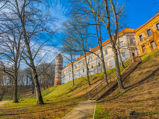 Fototapeta na wymiar Panemune castle in Lithuania. The initial hill fort of the Teutonic Knights. Renaissance era building in Lithuania. Medieval brick castle and tower