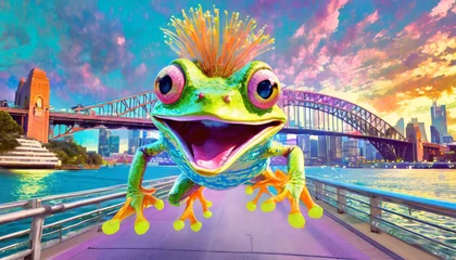 Poster colourful big eye frog with punk hair and cool sun glasses cartoon looking jumping on footpath © Elias Bitar