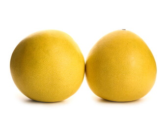 Fototapeta premium Two fresh whole pomelo fruits with yellow skin, healthy citrus food, isolated on a clean white background