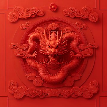 Red, Chinese dragon, minimalist, high-end, New Year festive atmosphere background image.