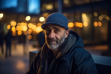 Portrait of a bearded man in a hat and jacket at night in the city