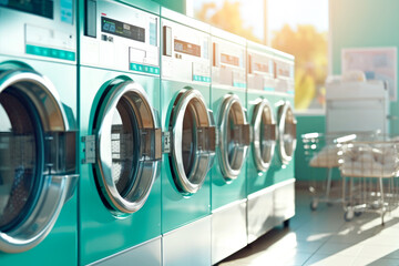 A vibrant laundromat interior with a row of turquoise washing machines, showcasing modern laundry service and vibrant design. Clean, self-service laundry environment - obrazy, fototapety, plakaty